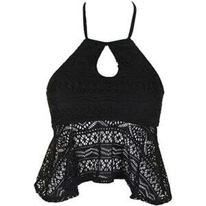 NWT Hula Honey S High Neck Crochet Black Bikini Swim Top #88122
